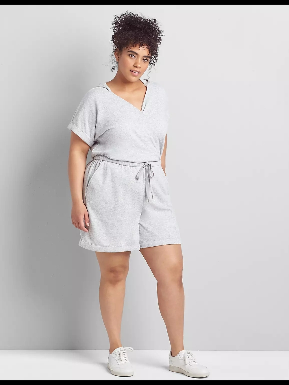 Lane Bryant Light Gray Short Sleeve Drawstring Romper